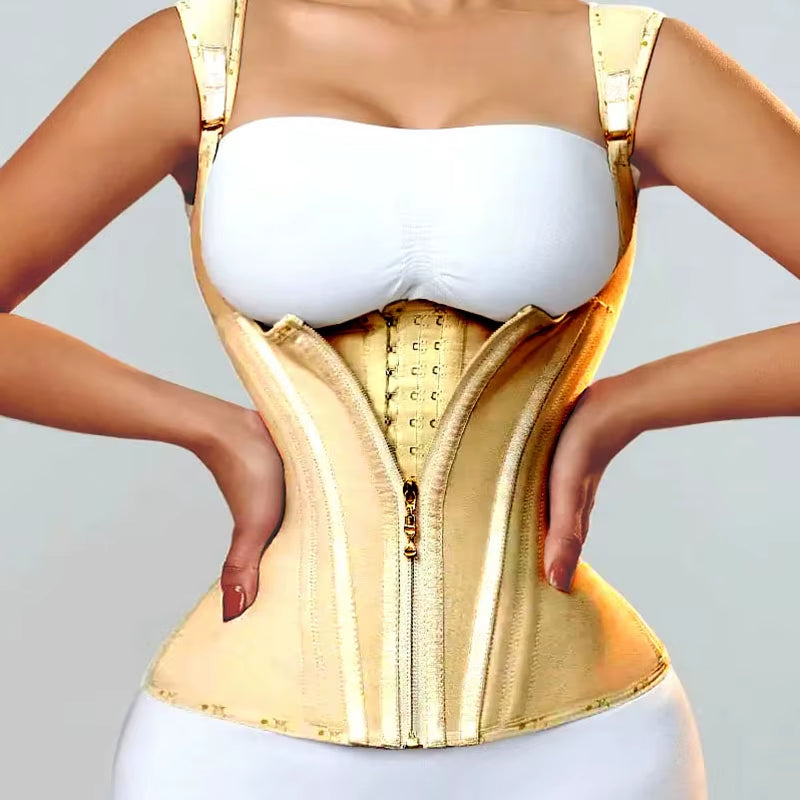 3XS Double Compression Vest Bra Waist Trainer Corset with 17 Steel Bone Flat Belly Body Shaper Fajas Colombianas Girdles