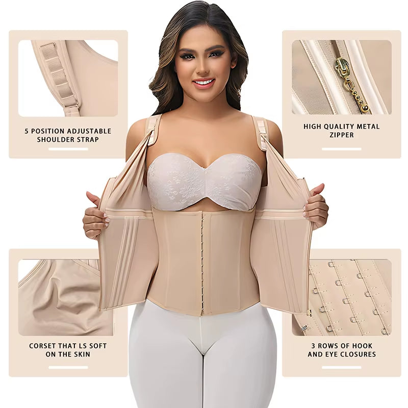 3XS Double Compression Vest Bra Waist Trainer Corset with 17 Steel Bone Flat Belly Body Shaper Fajas Colombianas Girdles