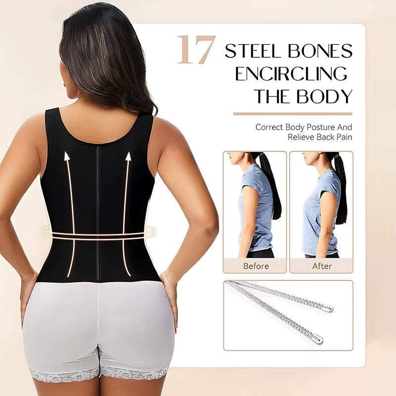 3XS Double Compression Vest Bra Waist Trainer Corset with 17 Steel Bone Flat Belly Body Shaper Fajas Colombianas Girdles