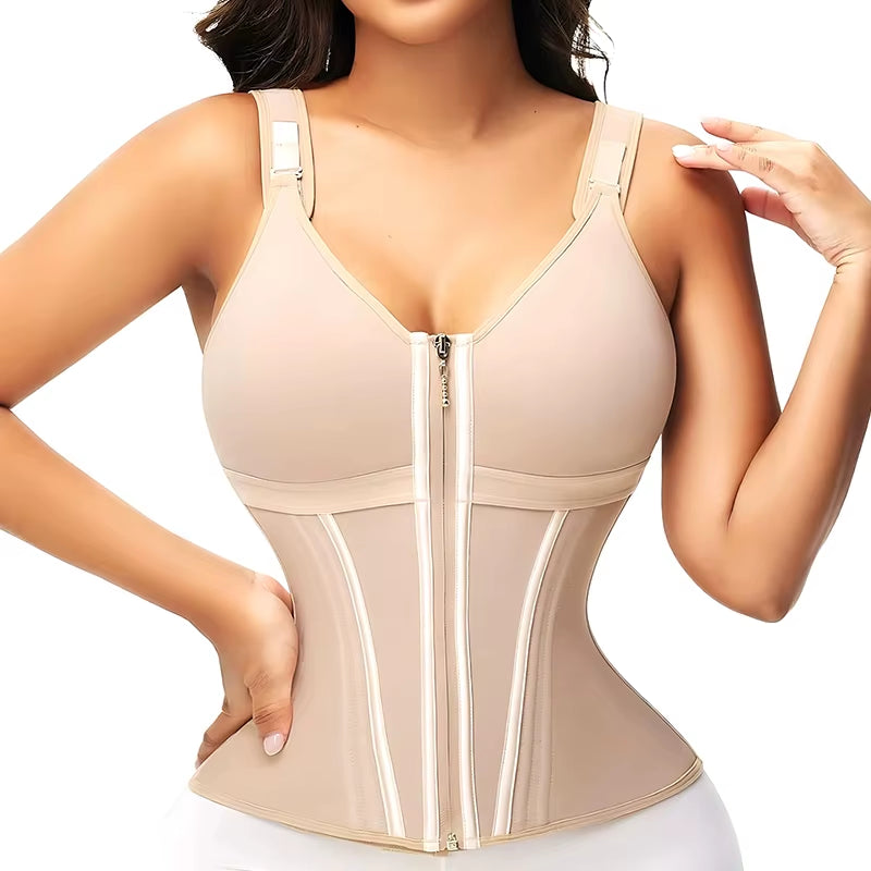 3XS Double Compression Vest Bra Waist Trainer Corset with 17 Steel Bone Flat Belly Body Shaper Fajas Colombianas Girdles